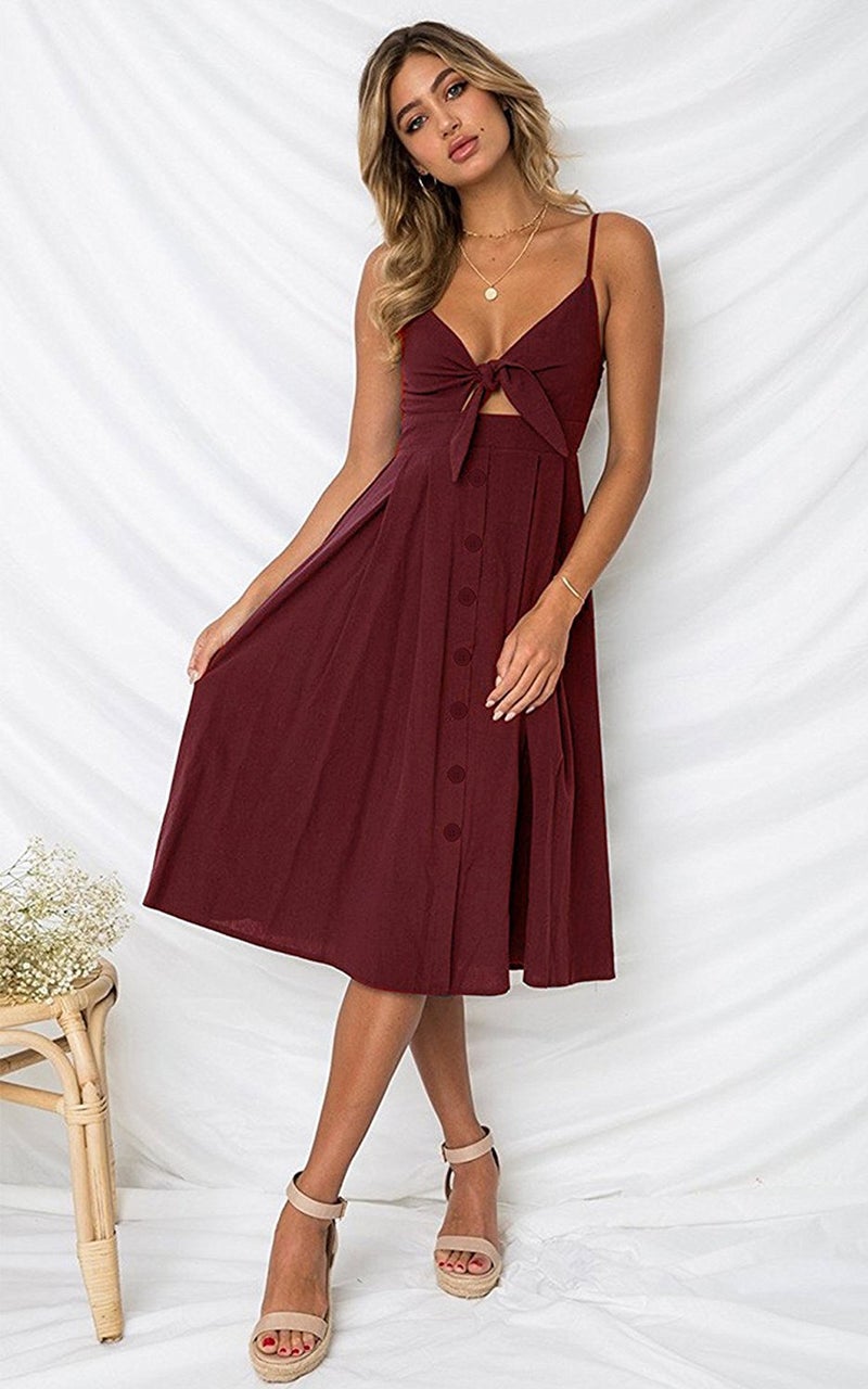 ECOWISH Women 2024 Summer Dresses Tie Front V-Neck Spaghetti Strap Button Down A-Line Backless Swing Midi Dress 572 Wine Red S - Image 2